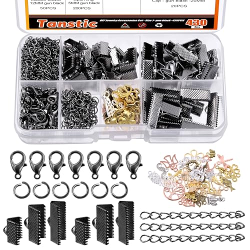 Tanstic 430Pcs Black Ribbon Ends Fastener Clasps Kit, Bookmark Pinch Crimp Ends with Open Jump Rings, Lobster Claw Clasps, Chain Extenders and Pendant Charms for DIY Crafts von Tanstic
