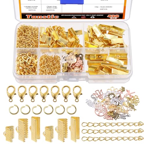 Tanstic 430Pcs Gold Ribbon Ends Fastener Clasps Kit, Bookmark Pinch Crimp Ends with Open Jump Rings, Lobster Claw Clasps, Chain Extenders and Pendant Charms for DIY Crafts von Tanstic