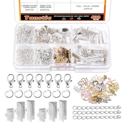 Tanstic 430Pcs Silver Ribbon Ends Fastener Clasps Kit, Bookmark Pinch Crimp Ends with Open Jump Rings, Lobster Claw Clasps, Chain Extenders and Pendant Charms for DIY Crafts von Tanstic