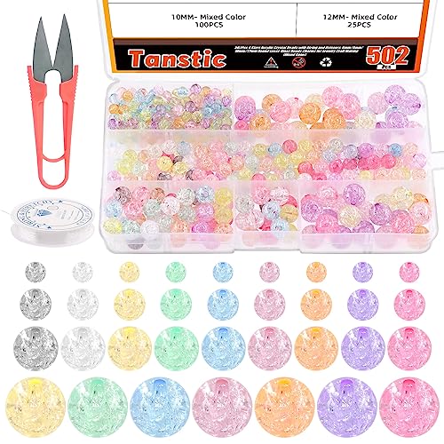 Tanstic 502Pcs Colorful Acrylic Crackle Crystal Beads Kit, 6mm 8mm 10mm 12mm Round Crackle Glass Beads, Crackle Lampwork Beads Spacer Beads with Crystal String Scissor for Jewelry Making von Tanstic