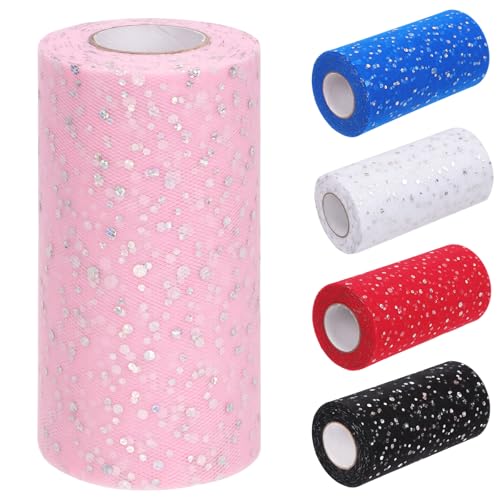 Tanstic 6 Zoll x 50 Yards (150 Fuß) Glitter Tulle Rollen Pailletten Tüll Stoff Glitter Tulle Stoffrollen für Hochzeit Geburtstag Geschenkverpackung (Rosa) von Tanstic