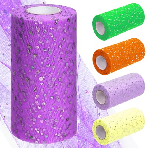 Tanstic 6 Zoll x 50 Yards (150 Fuß) Glitter Tulle Rollen Pailletten Tüll Stoff Glitter Tulle Stoffrollen für Hochzeit Geburtstag Geschenkverpackung (dunkel lila) von Tanstic