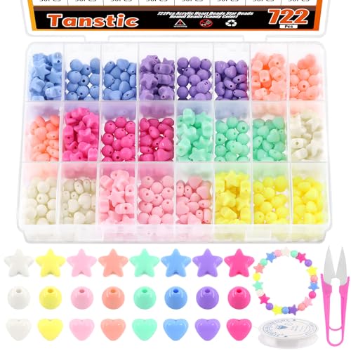 Tanstic 722Pcs Acrylic Pastel Beads Kit, Candy Color Heart Beads Round Beads Star Beads, Colorful Cute Loose Beads Acrylic Beads with Crystal String, Scissor for Bracelets Jewelry Making von Tanstic