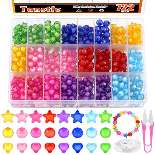 Tanstic 722Pcs Acrylic Pastel Beads Kit, Candy Color Round Beads Heart Beads Star Beads, Colorful Cute Loose Beads Acrylic Beads with Crystal String, Scissor for Bracelets Jewelry Making von Tanstic