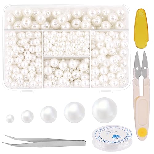 Tanstic 803Pcs White Pearl Beads Kit, 4mm 6mm 8mm 10mm 12mm Ivory Pearl Craft Beads with Hole, Round Loose Pearls with Tweezer, Crystal String and Scissor for Jewelry Making DIY Crafts von Tanstic