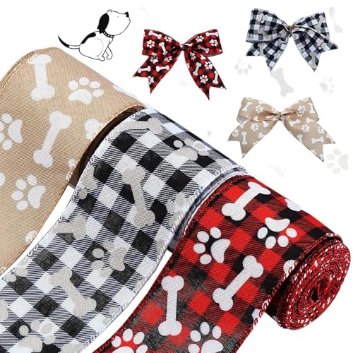 Bedrucktes Band, Pfoten- und Knochenmotiv, 3 Rollen Stoffband mit Drahtkanten, dekoratives Band aus Polyester zum Verpacken von Blumenbögen für Hochzeiten Bedrucktes Band, Pfoten- und Knochenmotiv, 3 Rollen Stoffband mit Drahtkanten, dekoratives Band aus Polyester zum Verpacken von Blumenbögen für Hochzeiten von Tanxemery