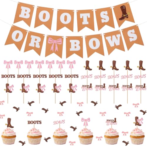 TaoBary 169-teiliges Dekorationsset mit Stiefeln oder Schleifen, inklusive Banner für Babys und Ihn, 48 Cupcake-Topper, 6 Stile, glitzernde Plektren für Jungen oder Mädchen, 120 rosa und braune von TaoBary