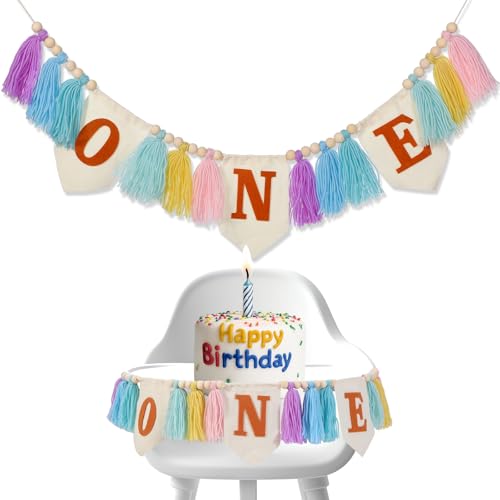 TaoBary Party-Banner zum 1. Geburtstag, Garnquasten-Girlande, bunt, für Hochstuhl, Kinderzimmer, Party, Badezimmer, Schlafzimmer, Babyparty, Fotohintergrund, Wandbehang, Dekor (Macaron-Farbe) von TaoBary