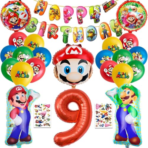 Kinder Geburtstag Party Set, 9 Jahre Kinder Geburtstagsdeko, 25 Stück Birthday Decorations Set,Enthält Banner, Tattoo-Aufkleber, Zahlenballon, Runde Folienballons, Ballon in Menschenform von TaoLiMuTX