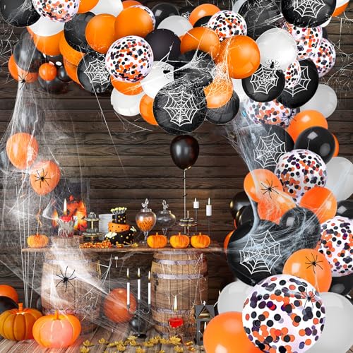 Taozoey Halloween Luftballon Girlande, Halloween Ballonbögen, Deko Ballons mit Spinnennetz, Fake Spinnen und Ballon für Party Deko Drinnen Draußen von Taozoey