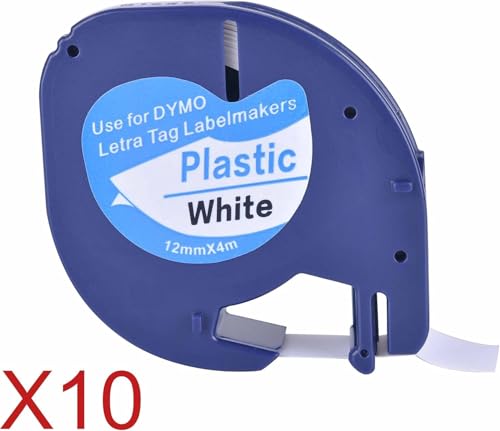 10PK TapeTek Kompatibles for Letratag Etikettenband 12mm x 4m, Schwarz auf Weiß, für Dymo LT-100H LT-100T 200B XR XM (10PKx91221) von TapeTek