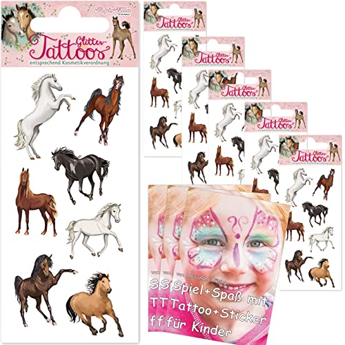6-teiliges Tattoo-Set * Pferde * mit Glitzer vom Mauder-Verlag | Plus Buch: Spiel + Spaß mit Tattoos und Sticker für Kinder | Kindertattoo Geburtstag Mitgebsel Tiere Aufkleber Pony Horses von Tapirella: