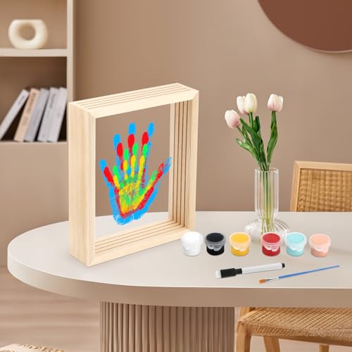 Tapvai Familien Handabdruck Set,mit Platz für 4,Bastel-Fotorahmen aus Holz Handabdruck Set,mit 6 Acrylfarben,für Werdende und Frischgebackene Eltern von Tapvai