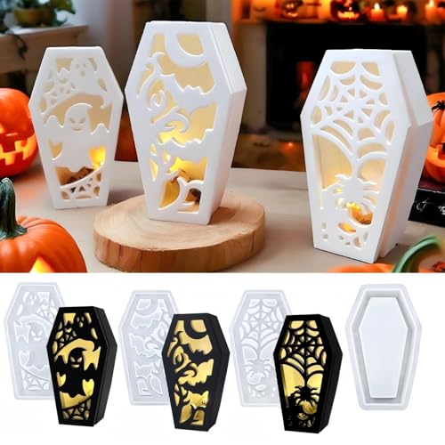 DIY Silikonform Halloween Sarg Atmosphäre Lampenschirm Set, 2025 Kreative Sargornamente Gips-silikonformen Gießformen, für Herstellung von halloween deko Sarglampenschirmen Silikonform (A) von Tarange