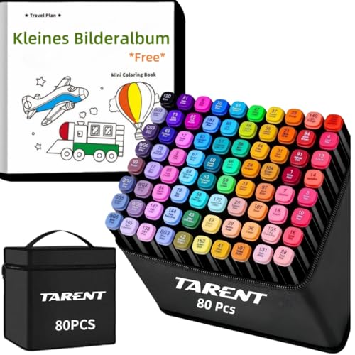 Alkohol Marker Set 80pcs mit Einem Malbuch | 2,7g Große Tintenkapazität, Langlebiger als Andere Acrylstifte,Leckageschutz | 2S Schnell Trocknende Doppelspitze Alkohol Marker für Malerei,Design,Manga von Tarent