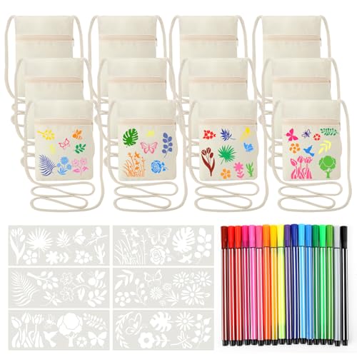 12 Stück Stoffbeutel zum Bemalen für Kinder, 18×13 cm Kinder Umhängegeldbeutel mit 18 Farbe Stiften&6 Malschablonen DIY Beige Brustbeutel Schultertaschen Beutel zum Bemalen für Schule Party Geschenk von Tarklanda