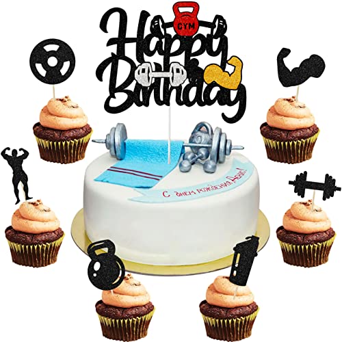 25 Stück Fitness Kuchen Dekorationen Gym Kuchendeko Powerlifter Cake Topper Glitzer Hantel Wasserbecher Muskel Cupcake Topper für Männer Sport Fitness Thema Party Cupcake Topper Dekoration Zubehör von Tarklanda