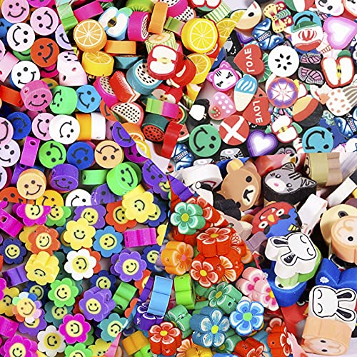 300 Stück Smiley Perlen Polymer Clay Beads für Kinder Armbänder, Bastelperlen Zum Auffädeln Kinder mit bunten Früchten, Tieren, Blumen, Smiley-Gesicht, für die Herstellung von Schmuckarmbändern von Tarklanda
