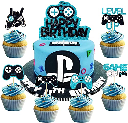 25 Stück Tortendeko Geburtstag Videospiel Torten Deko Gaming Dekoration Cupcake Kuchen Geburtstag Kuchen Deko Jungen Kinder Tortenaufleger für Kindergeburtstag Spiel Thema Party Dekoration(Blau) von Tarklanda