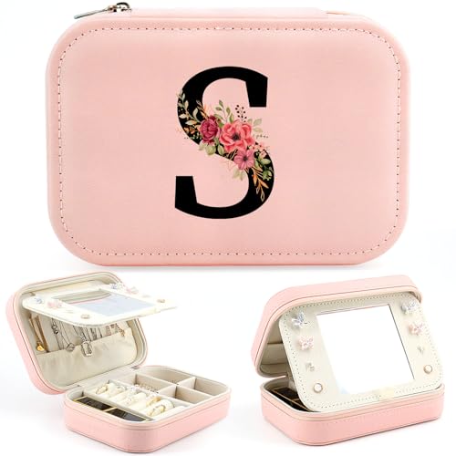 Geschenk für Frauen Klein Schmuckkästchen mit Initiale Blume, Travel Organizer Box Schmuckaufbewahrung Reise Schmuckschatulle, Geschenkideal für Freundin Mama Geburtstage Jubiläum Valentinstag(S) von Tarklanda