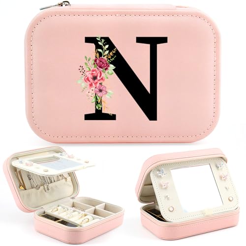 Geschenk für Frauen Klein Schmuckkästchen mit Initiale Blume, Travel Organizer Box Schmuckaufbewahrung Reise Schmuckschatulle, Geschenkideal für Freundin Mama Geburtstage Valentinstag Muttertag(N) von Tarklanda