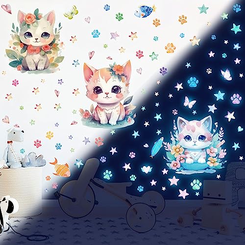 Leuchtsterne Selbstklebend Wandtattoo Kinderzimmer Mädchen Leuchtsticker Kleine Katze Leuchtsterne Wandsticker Sternenhimmel Leuchtaufkleber Aufkleber Babyzimmer Deko für Mädchen Geschenke Blau von Tarklanda