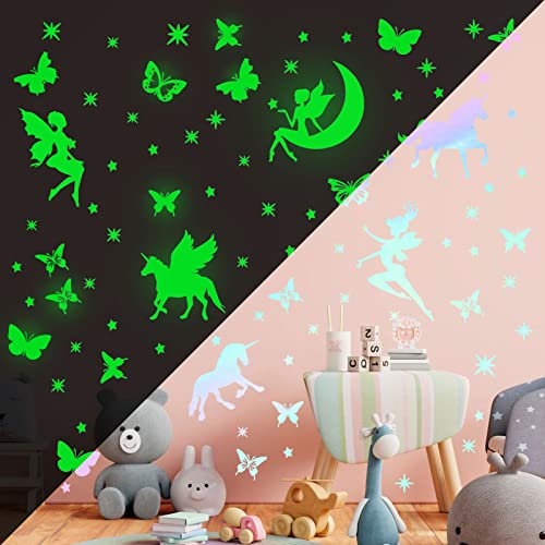 Leuchtsterne Wandtattoo Einhorn Schmetterling Fee Sternen Leuchtsticker Wandsticker Einhorn Kinderzimmer Leuchtaufkleber Selbstklebend Fluoreszierend Aufkleber Wanddeko für Mädchen Geschenke von Tarklanda