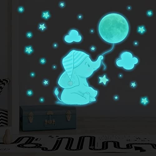 Tarklanda Wandtattoo Leuchtend Elefanten Sterne Wolken Wandsticker Leuchtend Aufkleber Mond für Baby-Kinder-Zimmer Mädchen Junge Wanddeko von Tarklanda
