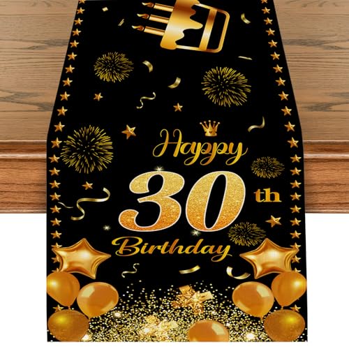 Tischläufer 30 Geburtstag Schwarz Gold Happy 30th Birthday Tischband zum 30. Geburtstag Mann und Frau Ihr Jahrestag Feier Party Dinner Tischdeko Tischdecke Deko für Zuhause 180x35cm von Tarklanda