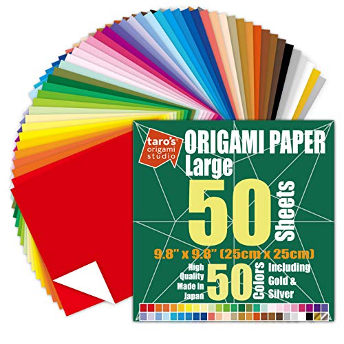 Taro's Origami Studio, groß, 25.4 cm, einseitig, 50 Farben, 50 Blatt, quadratisch, hochwertiges japanisches Papier für Anfänger (Gold und Silber im Lieferumfang enthalten), hergestellt in Japan von Taro's Origami Studio