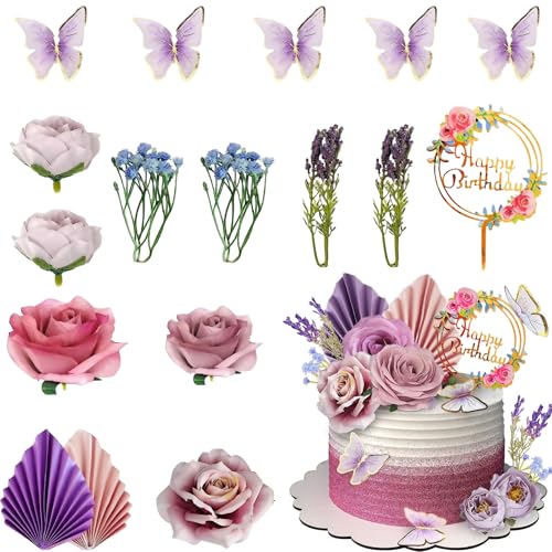 17 Pcs Torten Deko, Boho Blume Kuchen Topper, Palmblätter Kuchendekoration, Schmetterlinge Torten Deko für Hochzeit, Geburtstag, Babyparty von Tashce