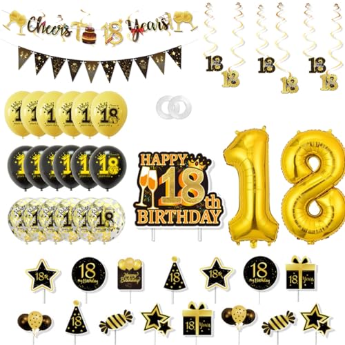 Deko 18. Geburtstag Junge Mädchen,Luftballons Geburtstag Dekoration Set,Schwarz Gold Geburtstagsdeko,Cake Topper für Geburtstag Party Dekoration von Tashce