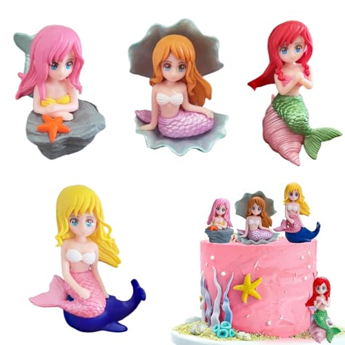 Mini Meerjungfrau Figuren Set (4 Stück) - Meerjungfrau Tortendeko & Miniatur-Meerjungfrauen-Ornamente für Kuchen, Aquarium, Feengarten, Deko & Mermaid-Party - Umweltfreundlich von Tashce