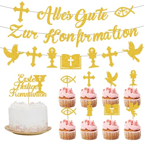 Taskicraft Kommunion Deko Junge Mädchen - 12 Stück Glitzer Gold Taufe Deko Dekoration Tortendeko Kommunion Erstkommunion Girlande Deko Cake Topper Kommunion Erstkommunion Banner Geburtstag Deko Party von Taskicraft