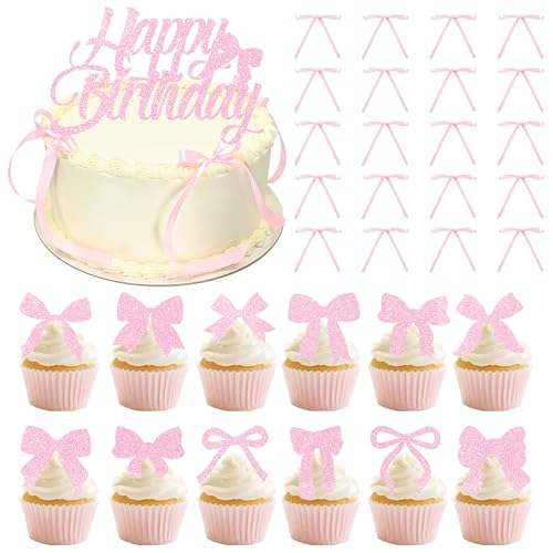 33 Stück Schleifen Tortendeko Geburtstag Deko - Rosa Schleife Happy Birthday Kuchendeko, Schleifenband Torten Dekoration für Geburtstagsparty Babyparty Hochzeit Jahrestag (Rosa) von Tasoraor