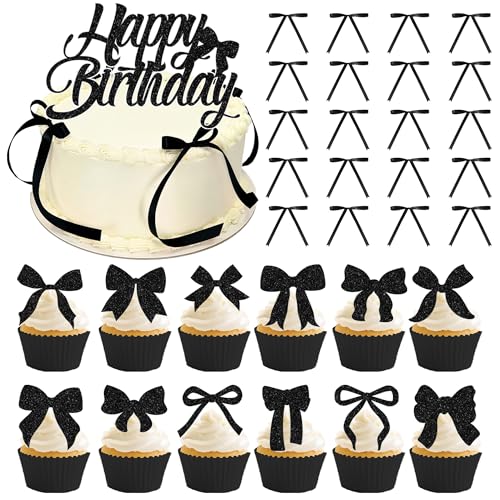 33 Stück Schleifen Tortendeko Geburtstag Deko Set - Rosa Schleife Happy Birthday Kuchendeko, Schleifenband Torten Dekoration für Geburtstagsparty Babyparty Hochzeit Jahrestag (Schwarz) von Tasoraor