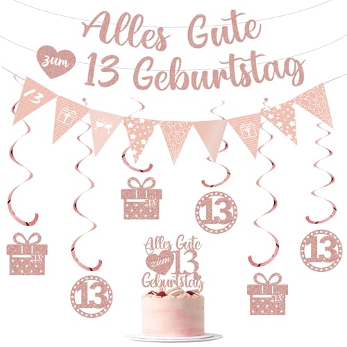 Deko 13 Geburtstag Mädchen Girlande Set - Rosegold Geburtstagsdeko Banner Tortendeko und Wimpel, Glitzer Hängende Wirbel für 13. Teenager Geburtstagsparty Dekoration Deko 13 Geburtstag Mädchen Girlande Set - Rosegold Geburtstagsdeko Banner Tortendeko und Wimpel, Glitzer Hängende Wirbel für 13. Teenager Geburtstagsparty Dekoration von Tasoraor