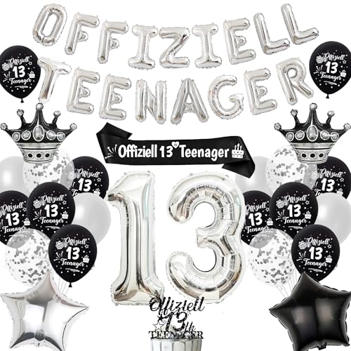 Deko 13. Geburtstag Junge Mädchen Luftballons - 13 Geburtstagsdeko Offiziell Teenager Folienballon Tortendeko, Schärpe und XXL Zahlenballon für 13 Jahre Party Dekoration von Tasoraor