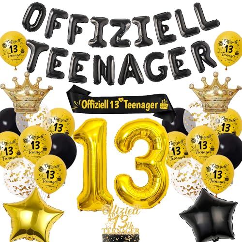 Deko 13. Geburtstag Junge Mädchen Luftballons - 13 Geburtstagsdeko Offiziell Teenager Folienballon Tortendeko, Schärpe und XXL Zahlenballon für 13 Jahre Party Dekoration von Tasoraor