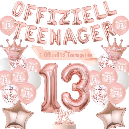 Deko 13. Geburtstag Mädchen Luftballons - 13 Rosegold Geburtstagsdeko Offiziell Teenager Folienballon Tortendeko, Schärpe und XXL Zahlenballon für 13 Jahre Party Dekoration von Tasoraor