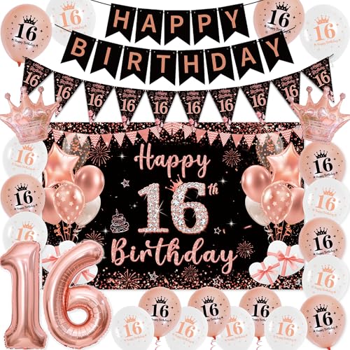 Deko 16 Geburtstag Mädchen Roségold Schwarz - Happy Birthday Banners Girlande Wimpel, Große Happy 16. Birthday Banner (100 x 64cm) und XXL Zahlen Luftballon für 16 Jahre Geburtstagsdeko Party von Tasoraor