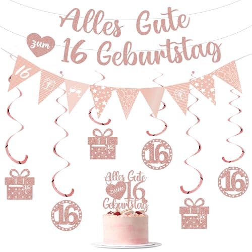 Deko 16. Geburtstag Mädchen Girlande Set - Rosegold Geburtstagsdeko Banner Tortendeko und Wimpel, Glitzer Hängende Wirbel für 16. Kindergeburtstag Party Dekoration Deko 16. Geburtstag Mädchen Girlande Set - Rosegold Geburtstagsdeko Banner Tortendeko und Wimpel, Glitzer Hängende Wirbel für 16. Kindergeburtstag Party Dekoration von Tasoraor