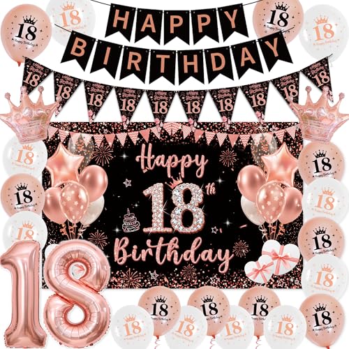 Deko 18 Geburtstag Mädchen Roségold Schwarz - Happy Birthday Banners Girlande Wimpel, Große Happy 18. Birthday Banner (100 x 64cm) und XXL Zahlen Luftballon für 18 Jahre Geburtstagsdeko Party von Tasoraor