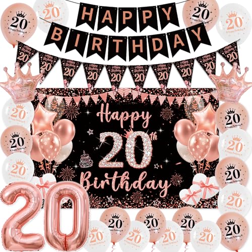 Deko 20 Geburtstag Frau Roségold Schwarz - Happy Birthday Banners Girlande Wimpel, Große Happy 20. Birthday Banner (100 x 64cm) und XXL Zahlen Luftballon für Frauen 20 Jahre Geburtstagsdeko Party von Tasoraor