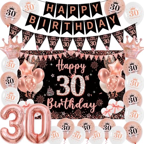 Deko 30 Geburtstag Frau Roségold Schwarz - Happy Birthday Banners Girlande Wimpel, Große Happy 30. Birthday Banner (100 x 64cm) und XXL Zahlen Luftballon für Frauen 30 Jahre Geburtstagsdeko Party von Tasoraor