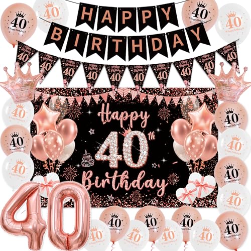 Deko 40 Geburtstag Frauen Roségold Schwarz - Happy Birthday Banners Girlande Wimpel, Große Happy 40. Birthday Banner (100 x 64cm) und XXL Zahlen Luftballon für Frau 40 Jahre Geburtstagsdeko Party von Tasoraor