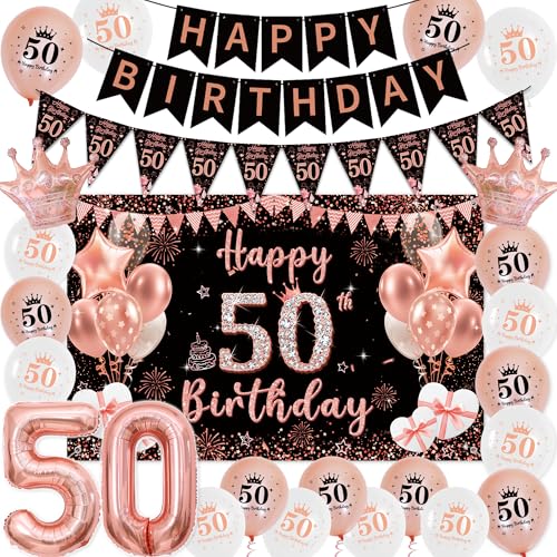 Deko 50 Geburtstag Frau Roségold Schwarz - Happy Birthday Banners Girlande Wimpel, Große Happy 50. Birthday Banner (100 x 64cm) und XXL Zahlen Luftballon für Frauen 50 Jahre Geburtstagsdeko Party von Tasoraor