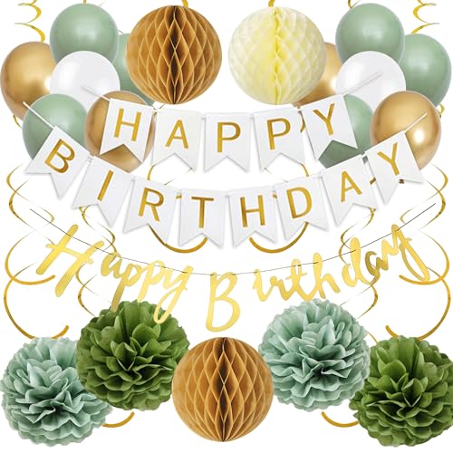 Deko Geburtstag Ballons Girlande Set - Geburtstagsdeko Happy Birthday Banner Luftballons und Spiralen, Papier Pompons Wabenbälle für Frauen Mann Mädchen Jungen Geburtstagsfeier (Grün Gold) von Tasoraor