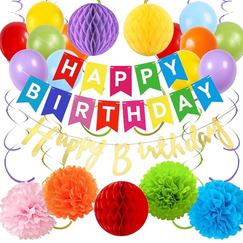 Deko Geburtstag Ballons Girlande Set - Geburtstagsdeko Happy Birthday Banner Luftballons und Spiralen, Papier Pompons Wabenbälle für Frauen Mann Mädchen Jungen Geburtstagsfeier von Tasoraor