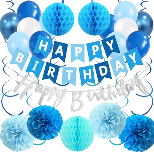 Deko Geburtstag Ballons Girlande Set - Geburtstagsdeko Happy Birthday Banner Luftballons und Spiralen, Papier Pompons Wabenbälle für Frauen Mann Mädchen Jungen Geburtstagsfeier von Tasoraor